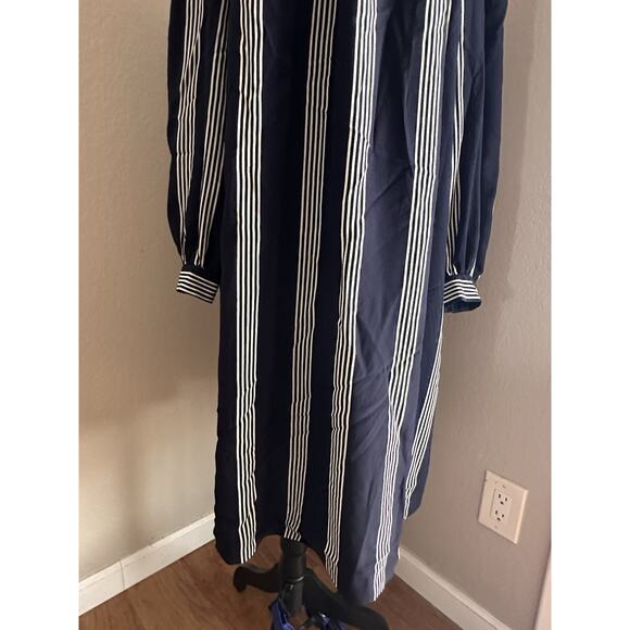 Vtg Chez California Designed By Tandy Navy White Striped Collar Neck Tie Dress - Picture 2 of 13